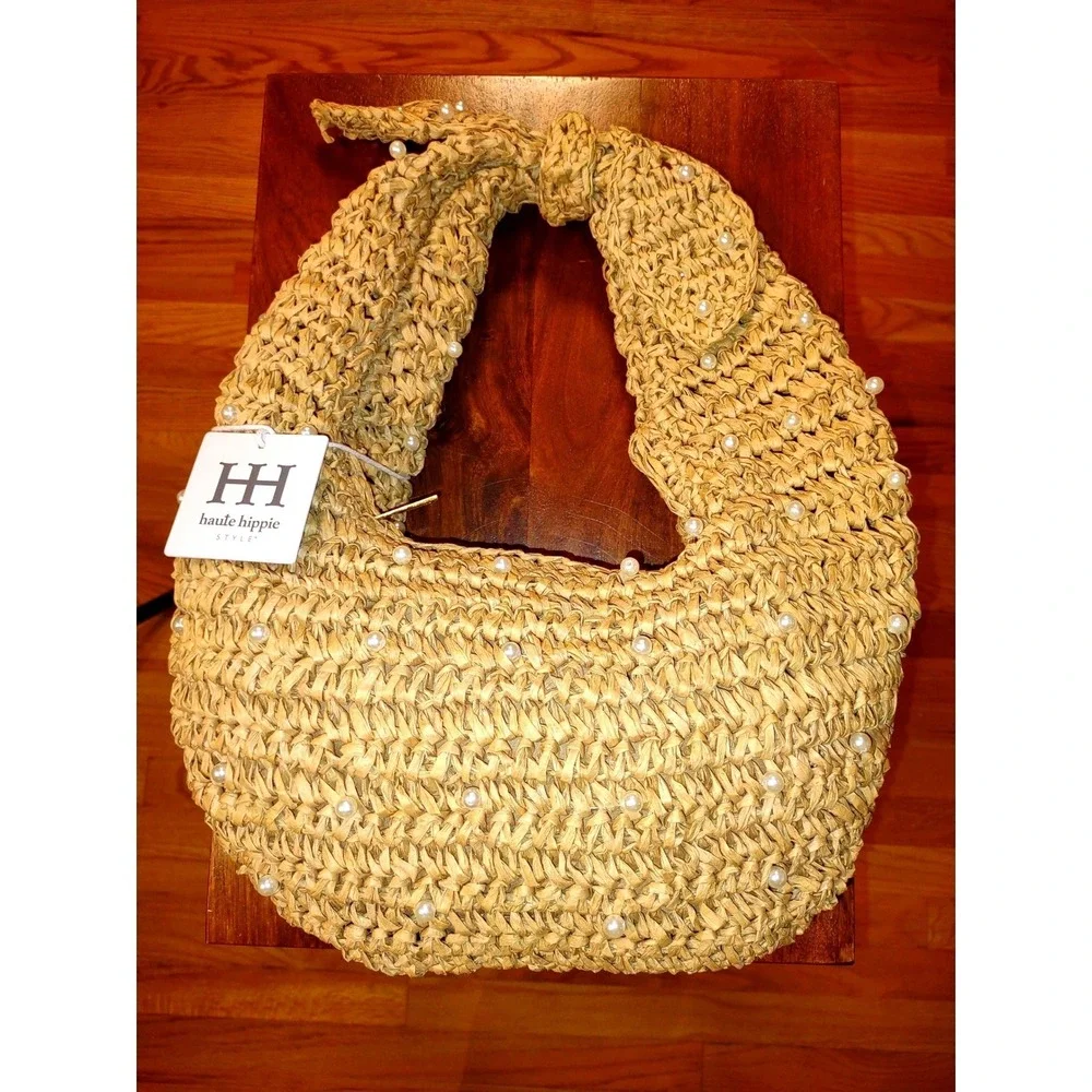 Haute Hippie Pearl Embellished Raffia Hobo Bag Women OS Tan Woven Straw NEW